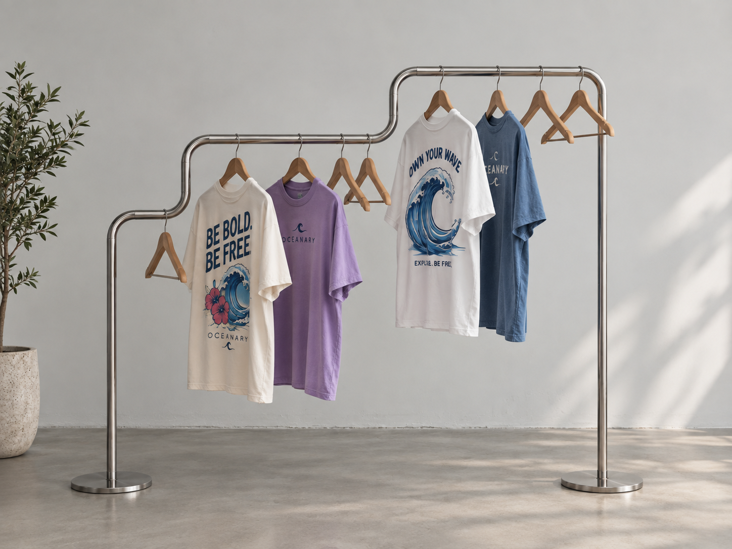 Oceanary apparel collection on showroom rack